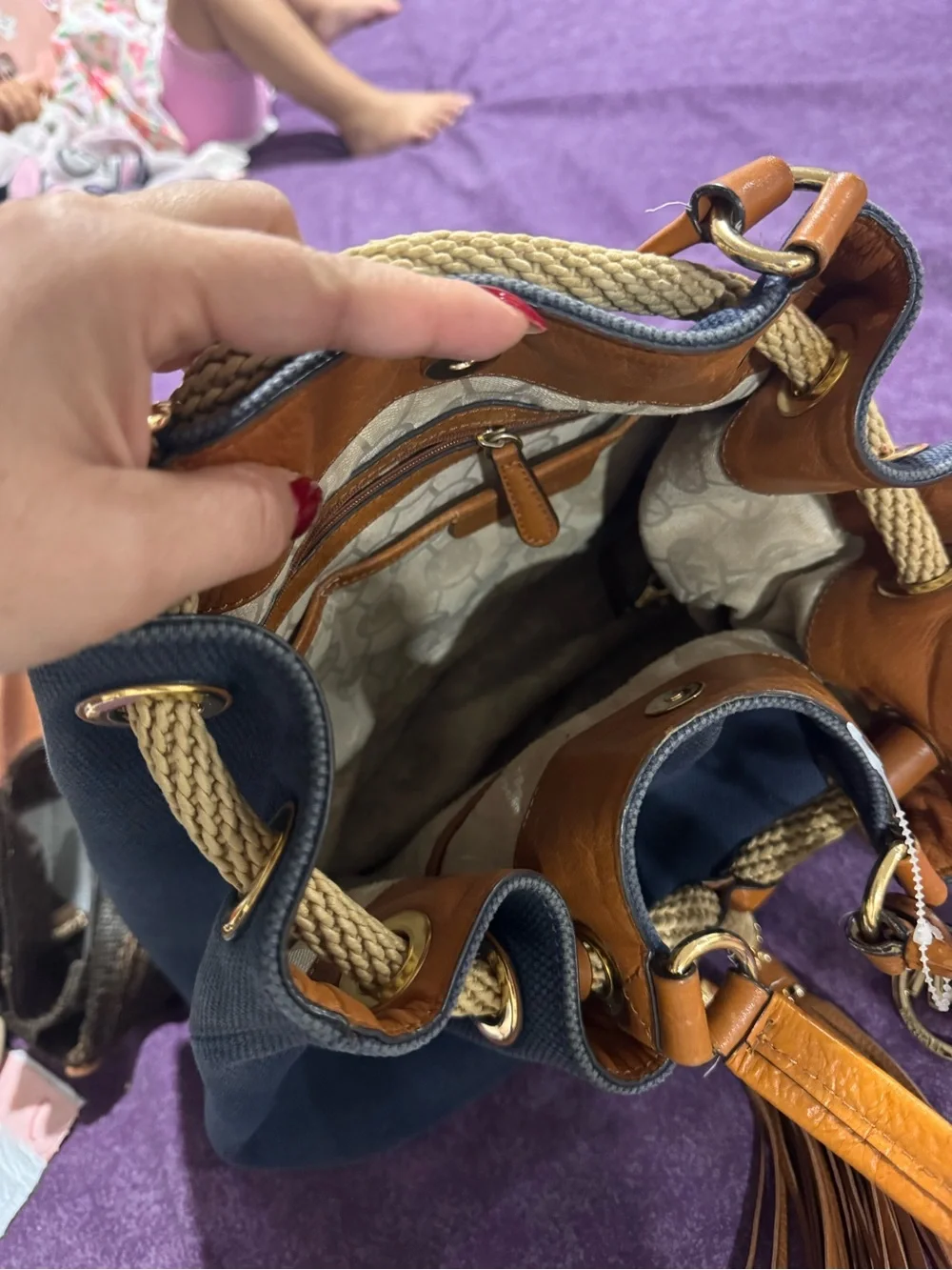 Michael Kors Navy Canvas Drawstring Shoulder Bag with Tan Leather Trim
